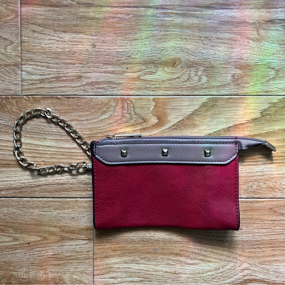 Burgundy and Tan Wristlet with Gold Embelishments